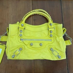 Balenciaga Yellow City Moto Bag Giant Silver Hardware EUC Rare Color SATC